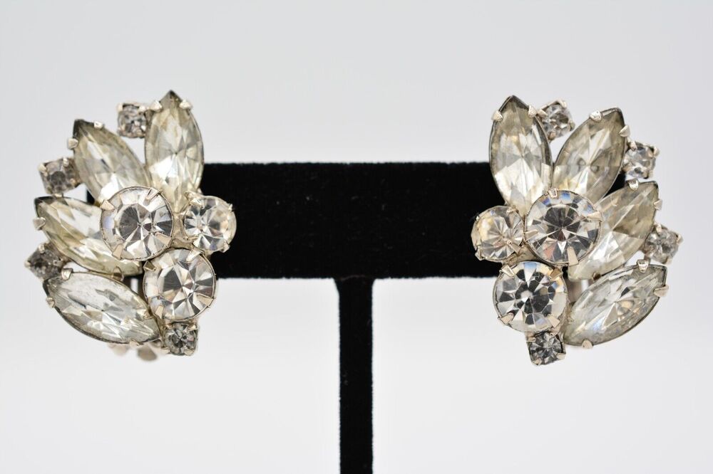Vintage Crystal Clip Pm Earrings Shiny Rhinestone Marquise Silver 1980s BinAA